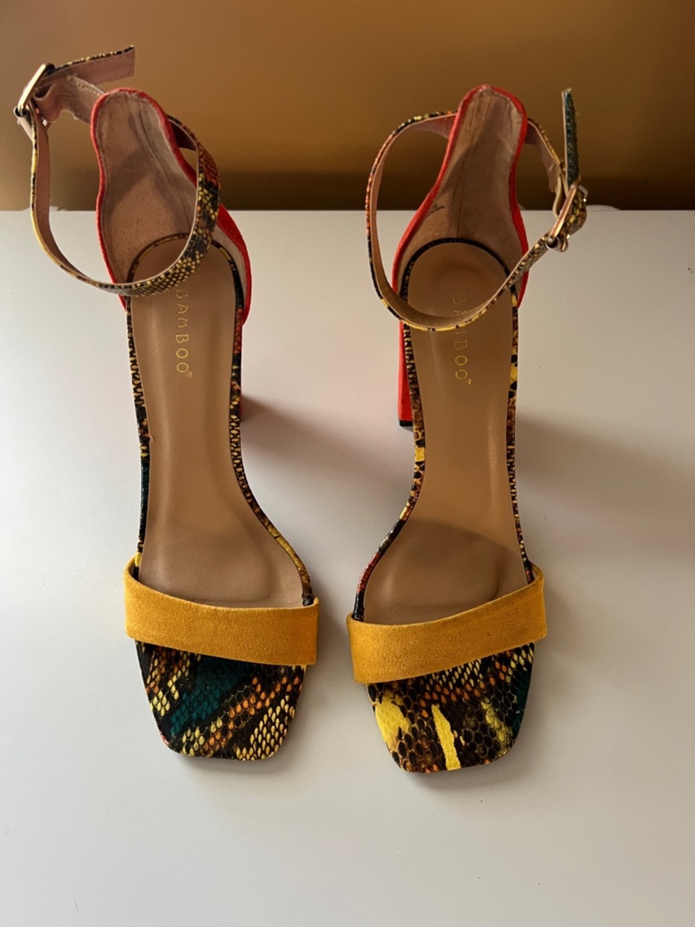 BAMBOO Yellow Multicolor Snake Print Ankle Strap Heels